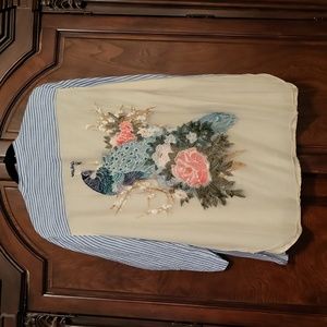 John Mark striped tunic with gorgeous embroidered peacock on back.